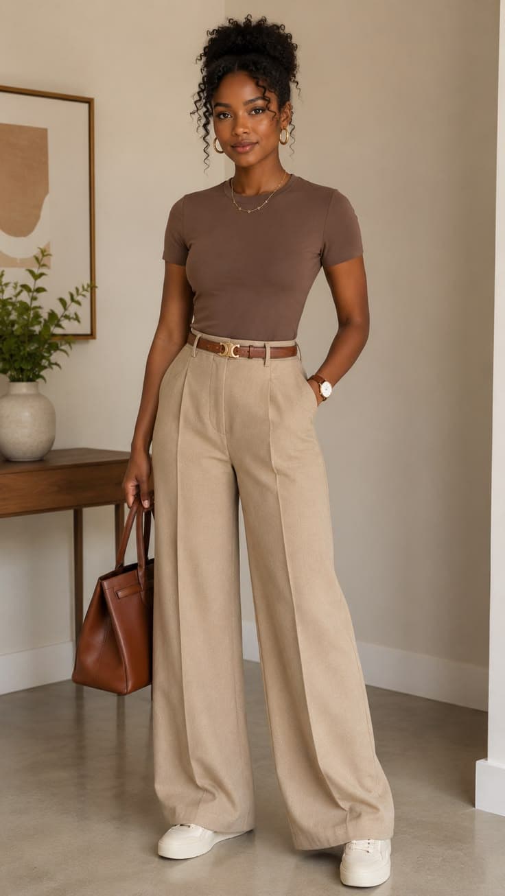 Brown tee paired with wide-leg beige trousers