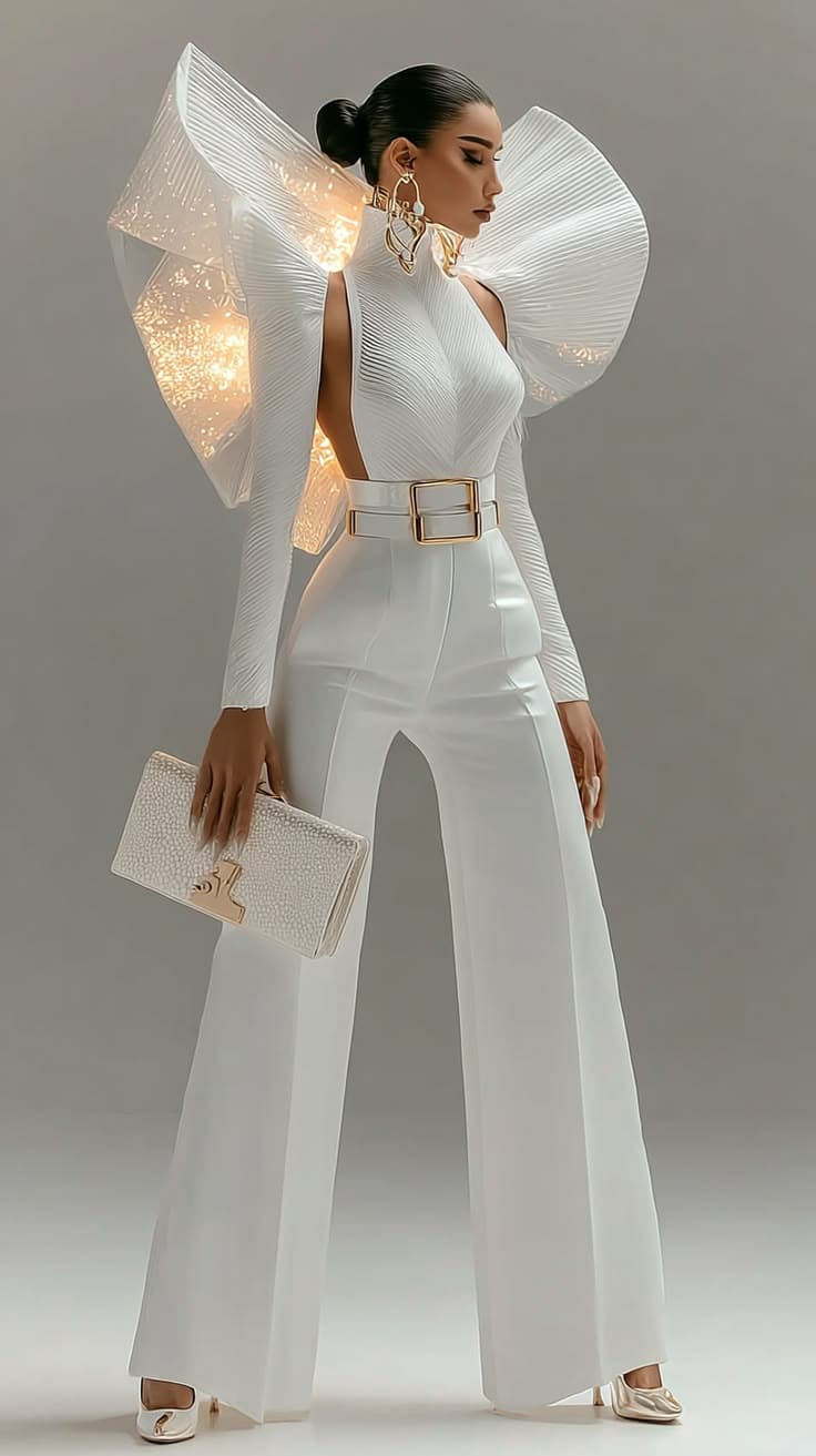 Avant-garde white jumpsuit with sculpted shoulder detail