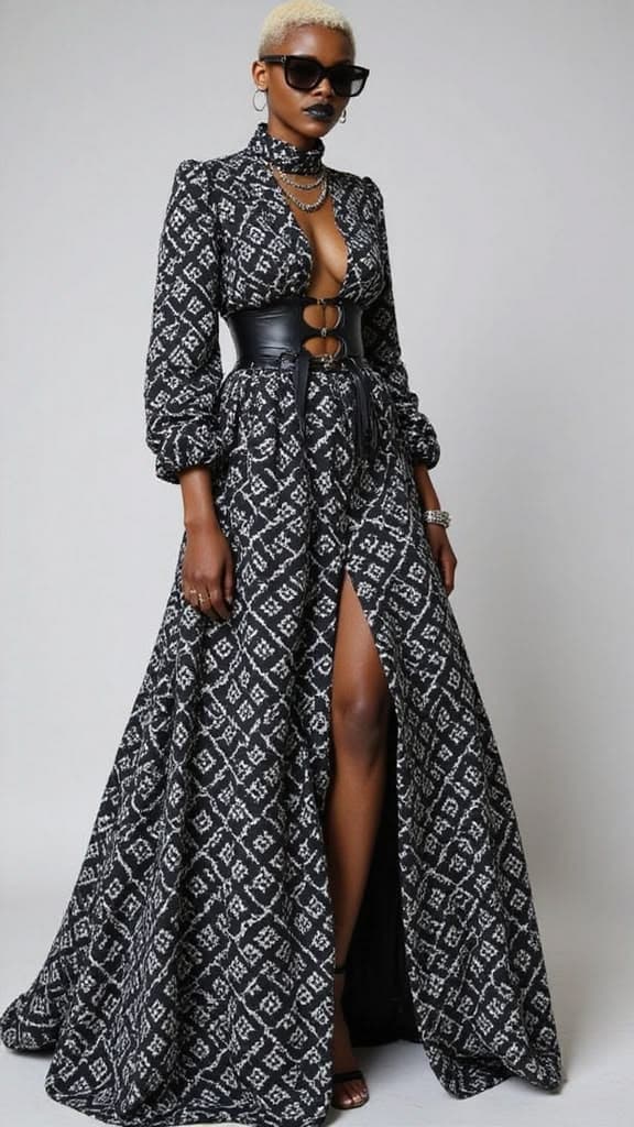 Patterned maxi dress with a corset belt and thigh slit
