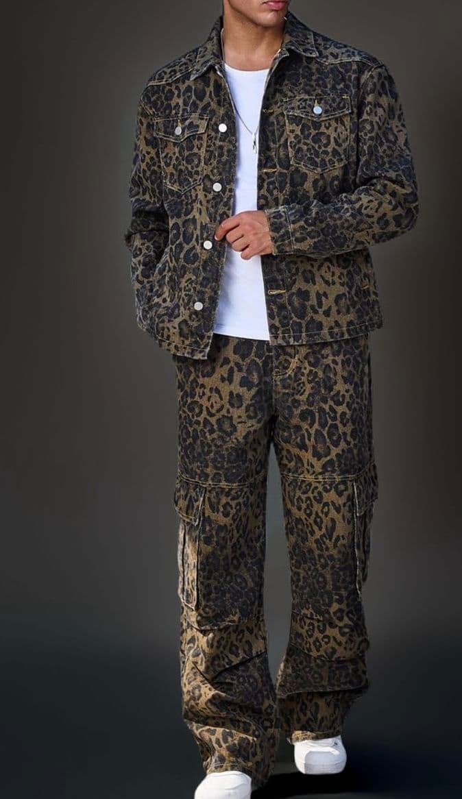 Leopard-print denim jacket and matching cargo pants over a white tee
