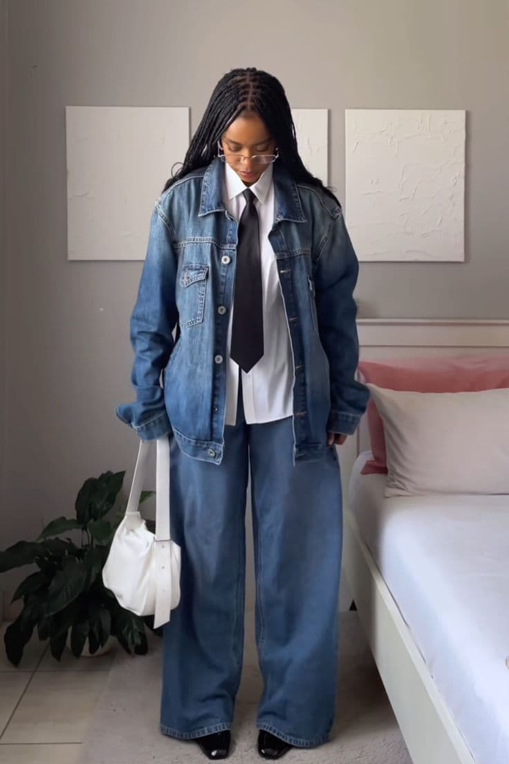 Oversized denim jacket over a shirt and tie with wide jeans