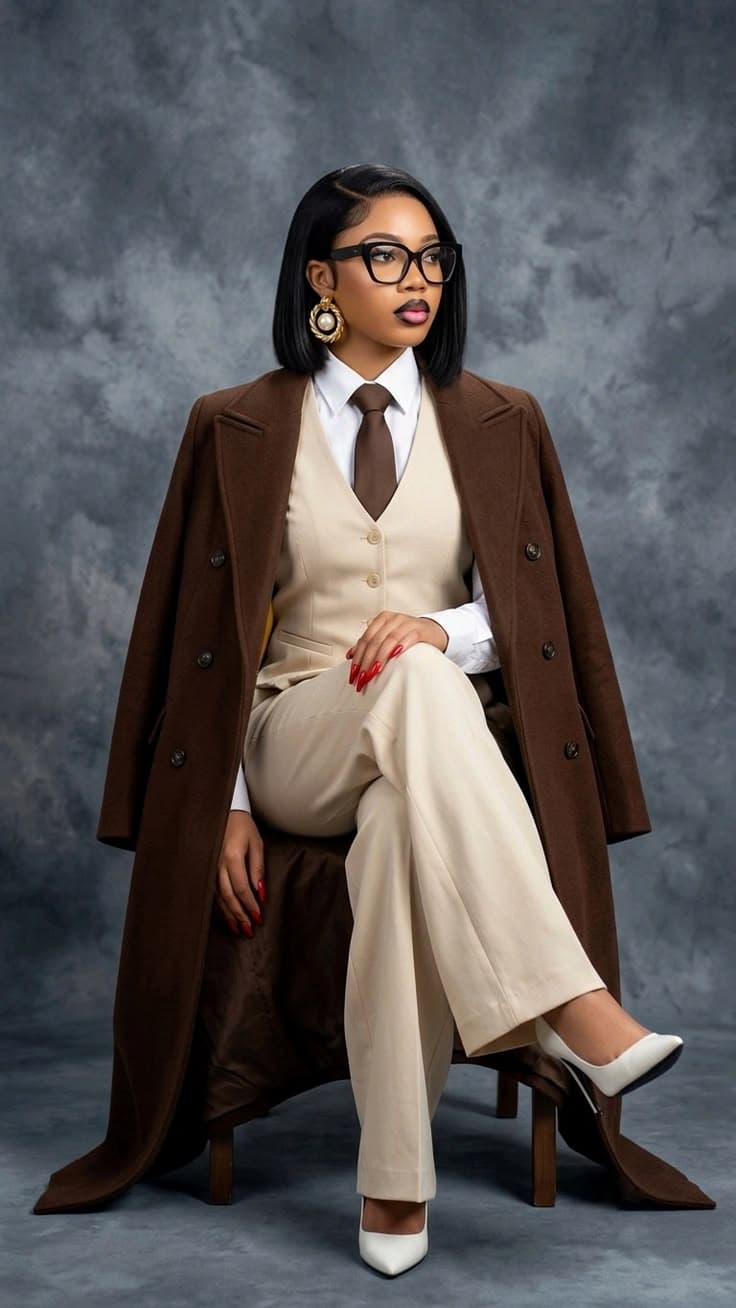 Brown overcoat and vest layered over cream trousers