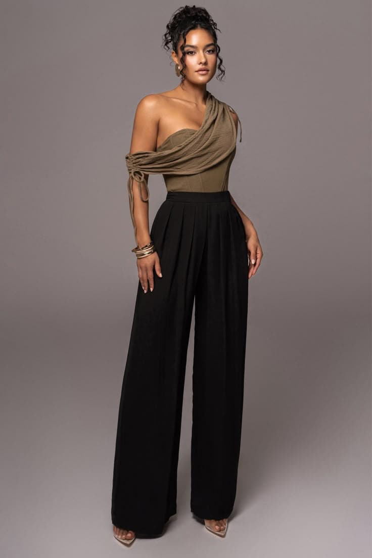 One-shoulder wrap top with wide-leg black trousers