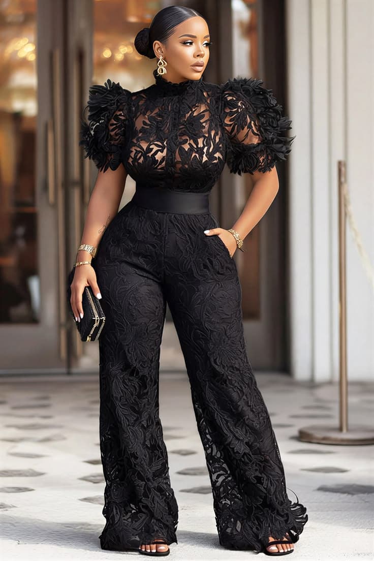 Black floral lace jumpsuit with puffed sleeves and a wide-leg silhouette
